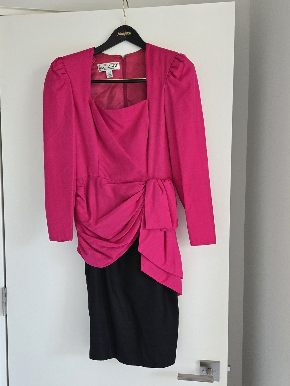 Vintage 1980's A.J. Bari Prom Cocktail Dress Fuchsia Black 80s Size 10 Silk